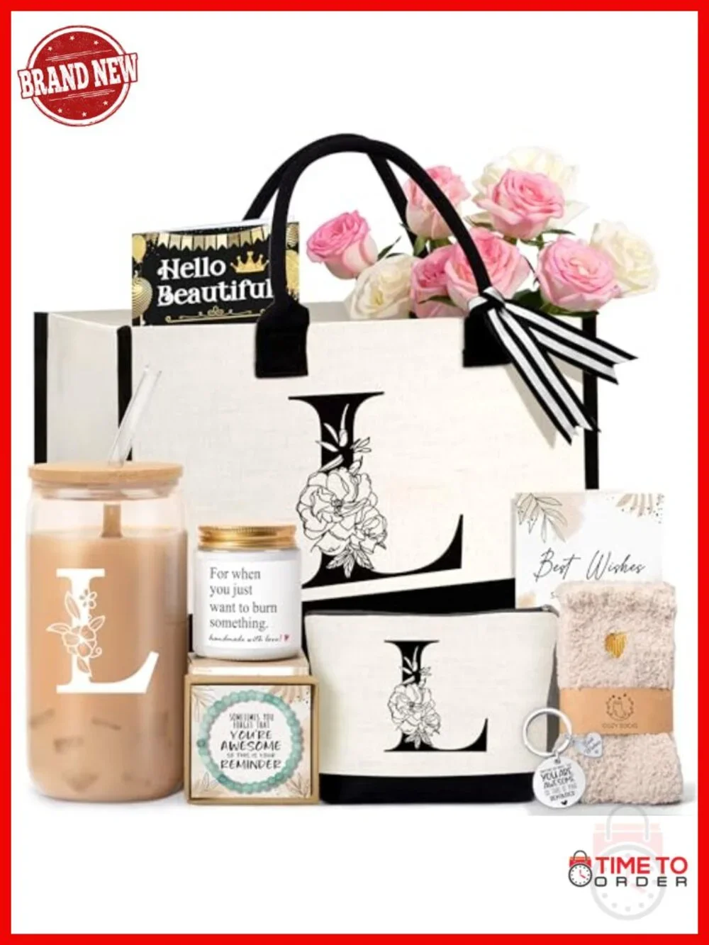 Monogrammed Canvas Tote Bag Set with Cosmetic Bag and Glass Cup